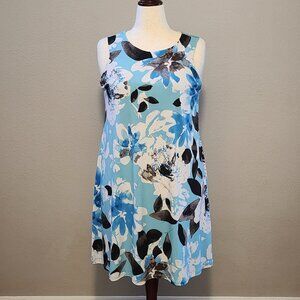 Clara Sun Woo Jewel Neck Swing Dress, Blue, White and Black Floral Petal, Large
